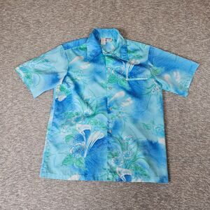 Vintage 60s Holo Holo Hawaiian Button Shirt Mens Medium Loop Collar Blue Floral